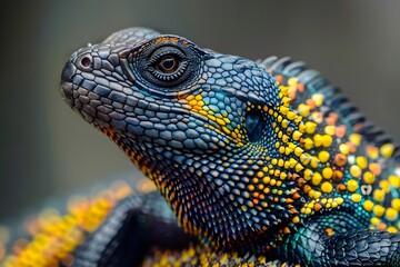 Fototapeta premium Vibrant Scales: Close-Up of a Colorful Lizard's Detailed Skin Texture, Revealing Nature's Artistic Mastery with Stunning Hues and Intricate Patterns, Showcasing a Reptile's Beauty Up Close.