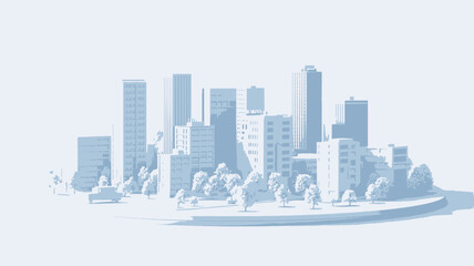 A digital 3D rendering depicts a minimalist cityscape. The image showcases a collection of stylized buildings of varying heights, rendered in shades of white and light gray, arranged on a circular