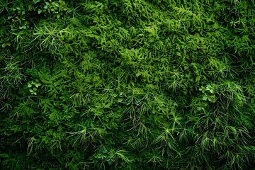 Fototapeta premium Lush Green Moss and Plant Wall: A Detailed Look at Diverse Foliage Textures and Species in a Vibrant Vertical Garden Display, Showcasing the Beauty of Nature's Green Hues.