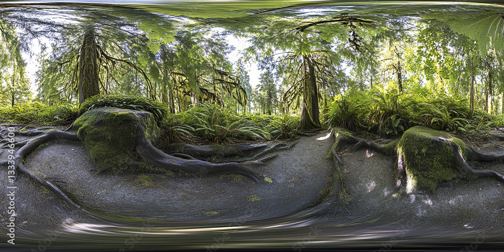 Poster lush rainforest with moss covered trees and ferns in serene setting