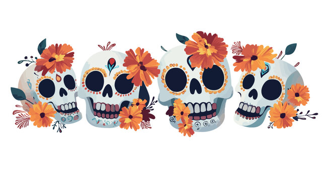Digital illustration of four stylized sugar skulls adorned with orange and yellow flowers. The skulls are depicted in a flat, two-dimensional style with clean lines and smooth shading.  The flowers