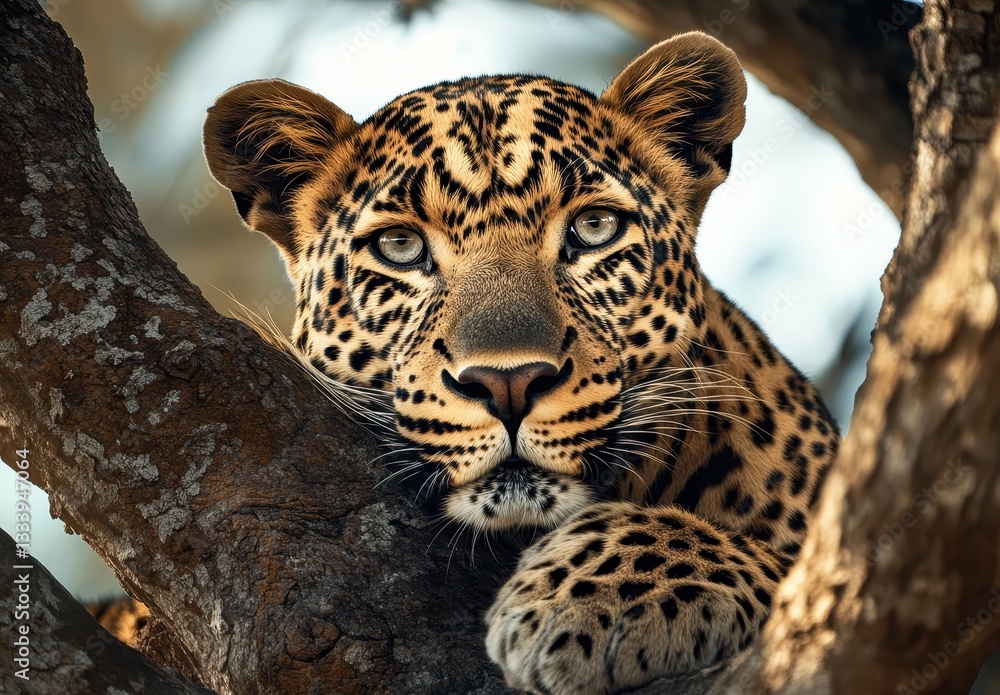 Poster majestic leopard resting on a tree branch with intense gaze and distinctive spotted coat under soft 