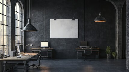 Dark Industrial Loft Office Design with City View