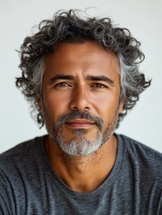 Portrait of a Hispanic man with curly gray hair showcasing a stylish graphic tee
