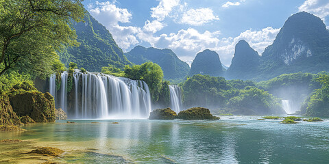 Fototapeta premium Majestic waterfall cascading in lush green mountains under bright sky