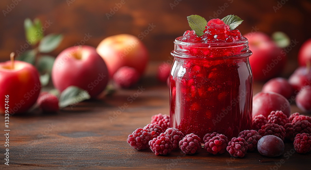 Aufkleber homemade raspberry apple jam in a jar. bright red jam made from raspberries and apples sits in a jar