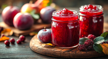 Homemade raspberry jam in glass jars. Bright red raspberry jam fills glass jars on a wooden board, surrounded by fresh fruit and autumn leaves.