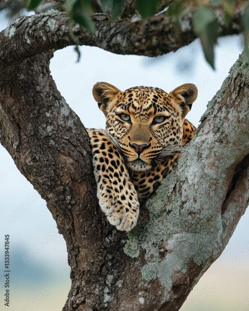 Poster majestic leopard resting on a tree branch, showcasing striking fur patterns and intense gaze in a na