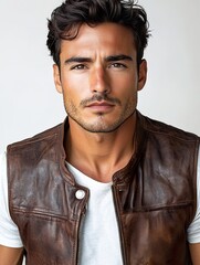 Hispanic Man with Strong Eyebrows in Leather Vest Intense Look Studio Shot