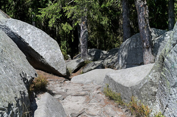 Huge stones rocks in a mountain forest.
