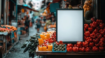 A market stall overflowing with fresh vegetables and a blank sign