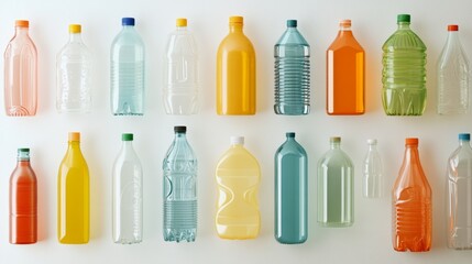 Colorful plastic bottles arranged on a white surface, showcasing variety in sizes and colors