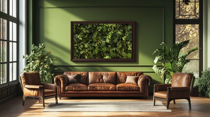 Serene Green Living Room with Leather Furniture and Lush Greenery