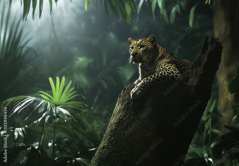 Poster majestic leopard resting on a tree trunk in lush green jungle with dappled light filtering through d