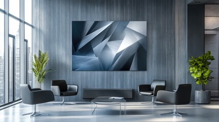 Abstract Blue Geometric Artwork in Modern Office Lobby