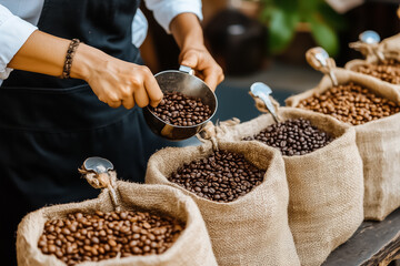 A skilled barista meticulously measures dark roasted coffee beans from burlap sacks, preparing to create the ideal coffee blend in a charming cafe atmosphere