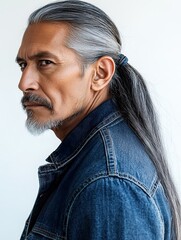 Portrait of Native American Elder with Traditional Gray Hair Braid