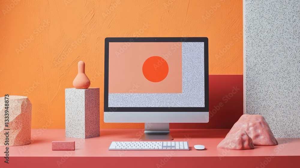 Poster modern workspace aesthetic: desktop computer with abstract art and geometric objects