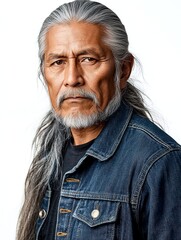 Portrait of Native American Man with Long Gray Hair in Traditional Attire