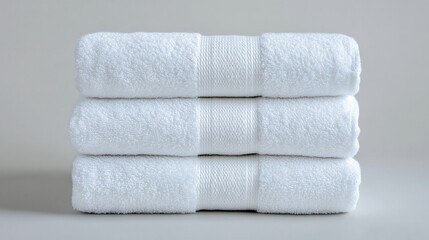Stack of plush white towels against a soft neutral backdrop, a clean presentation