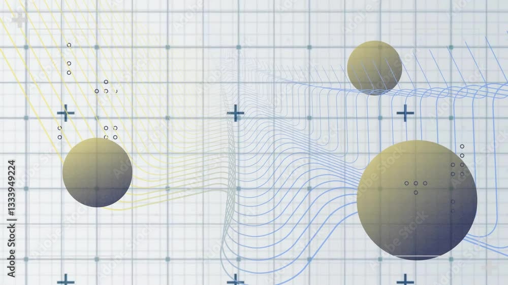 Poster floating spheres with animation on grid, showing wavy lines and math symbols