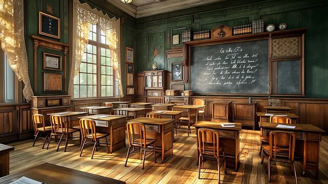 Vintage Classroom with Wooden Desks, Large Windows, Chalkboard, and Warm Sunlight Creating a Nostalgic Atmosphere

