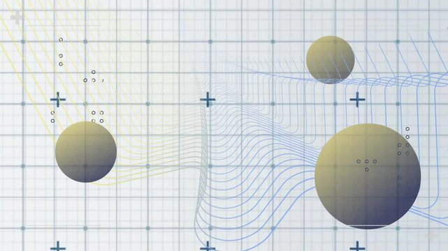 Floating spheres with animation on grid, showing wavy lines and math symbols