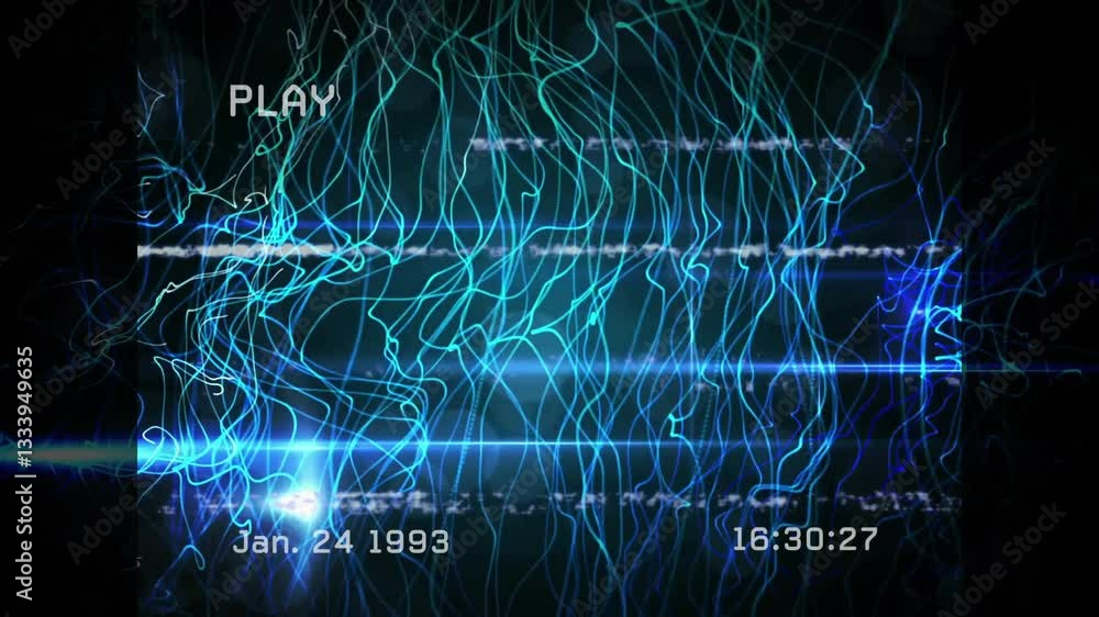 Poster animation with blue light patterns and digital lines featuring play and date overlay