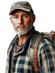 Portrait of a Man Wearing a Fishermans Cap and Flannel Shirt