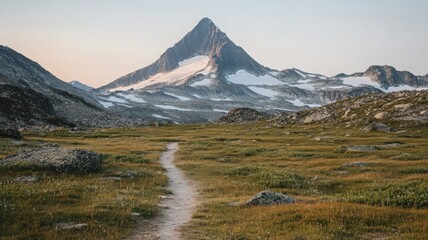 Fototapeta premium Winding Trail to Snow Capped Mountain Peak in Alpine Meadow