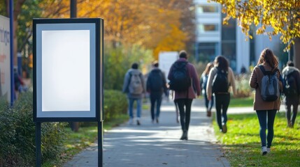 An outdoor blank sign with people walking along a pathway
