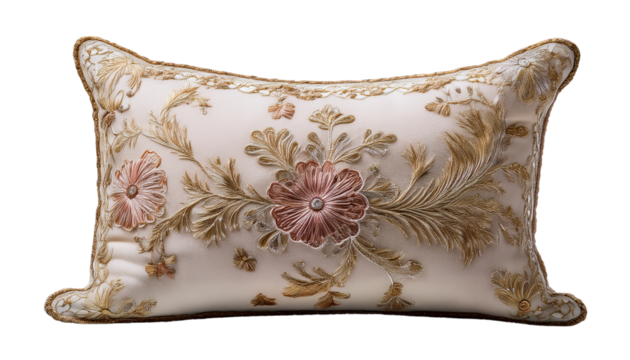 A square throw pillow with a soft, velvety fabric cover, featuring intricate embroidery and a neutral color palette, isolated on a transparent background.