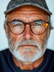 Portrait of a Man with Weathered Face Glasses and Baseball Cap