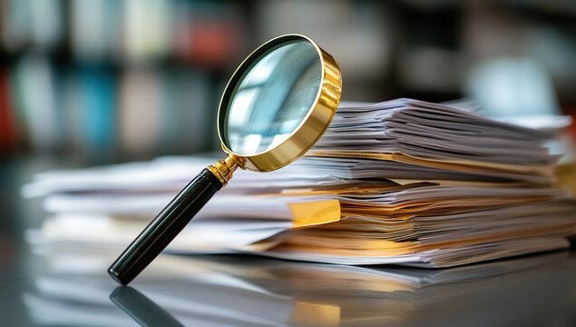 Magnifying Glass Reveals Crucial Details in Stack of Documents,  Efficiently Investigating Records for Important Information.
