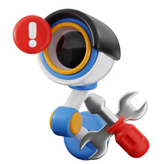 3d cctv camera character holding screwdriver and wrench showing warning sign on transparent background