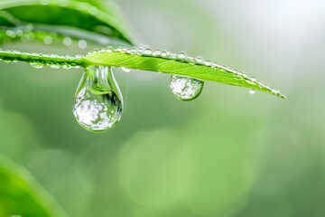 Water Droplets Adorn Green Leaf, Reflecting Nature's Beauty in a Serene, Tranquil Scene: A Close-Up Look at Dew-Kissed Foliage, Showcasing the Wonders of Plant Life and the Purity of Water.