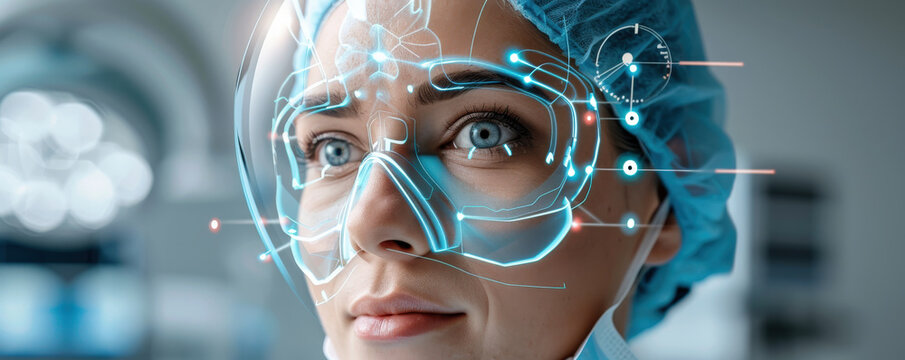 medical professional wearing surgical cap and mask is enhanced by digital holographic interface, showcasing advanced technology in facial recognition and reconstruction