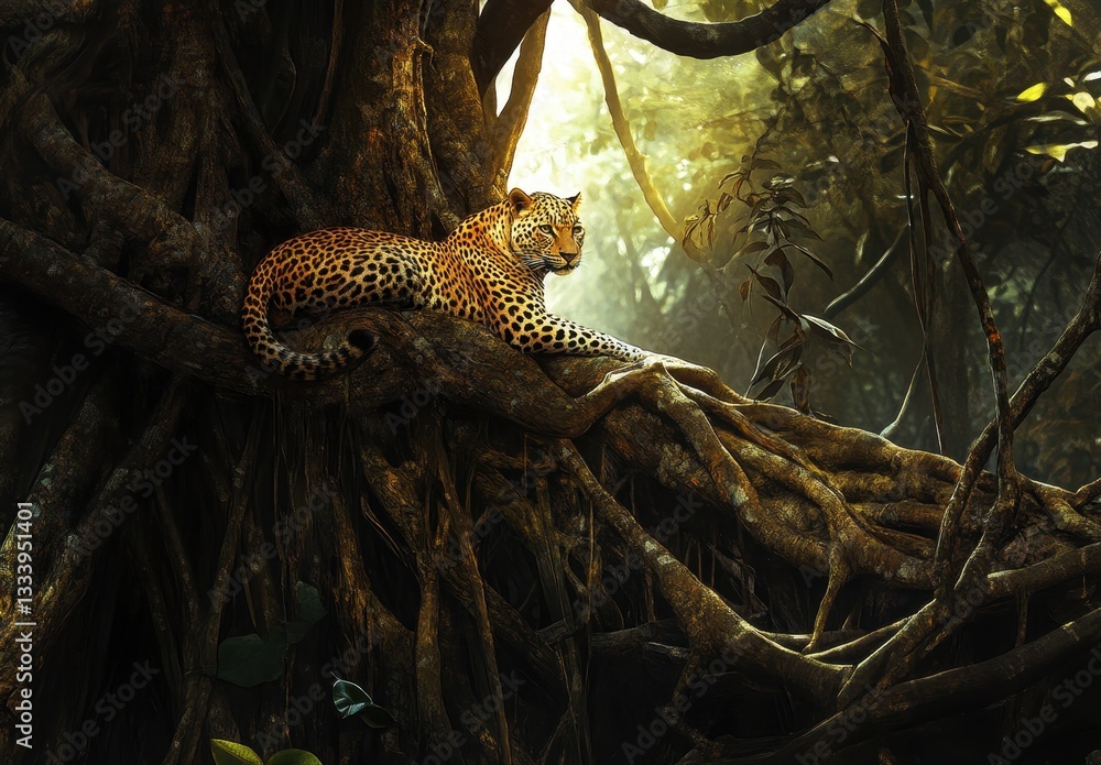Poster majestic leopard resting on branches in lush tropical jungle with sunlight filtering through canopy 