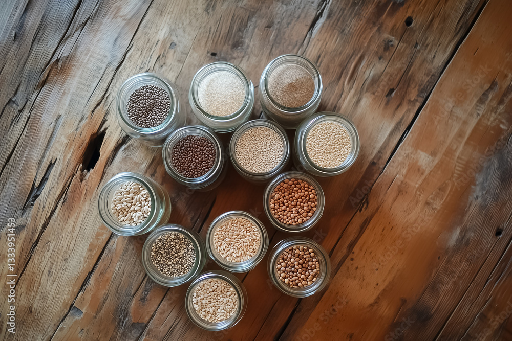 Poster various spices and grains are displayed in clear glass jars, creating an organized and colorful tabl