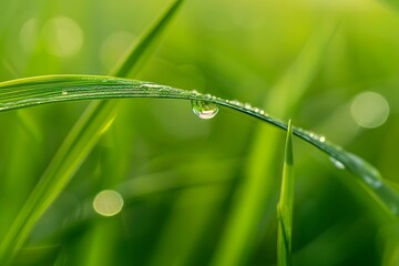Morning Dewdrop on Grass Blade Reflects Sunlight, Creating a Vibrant Green Nature Scene, Showcasing the Beauty of Simple Nature Details with Macro Photography.