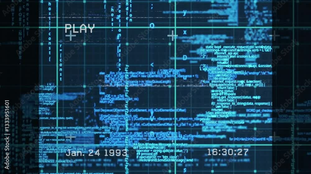 Poster digital data and coding animation with date and time overlay on screen