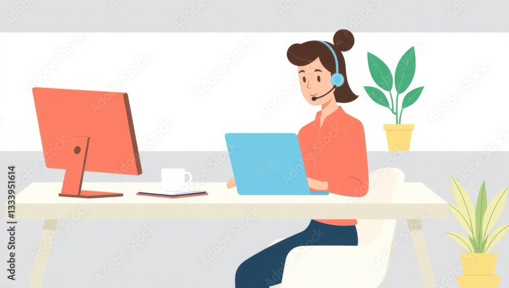 Poster flat design illustration of a customer support representative working remotely