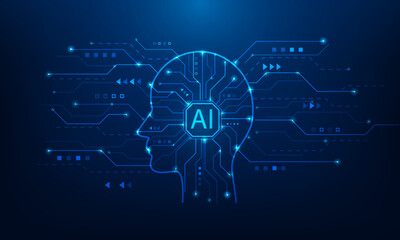 Artificial Intelligence brain electric technology head circuit blue background. ai learning machine concept. vector illustration fantastic technology.