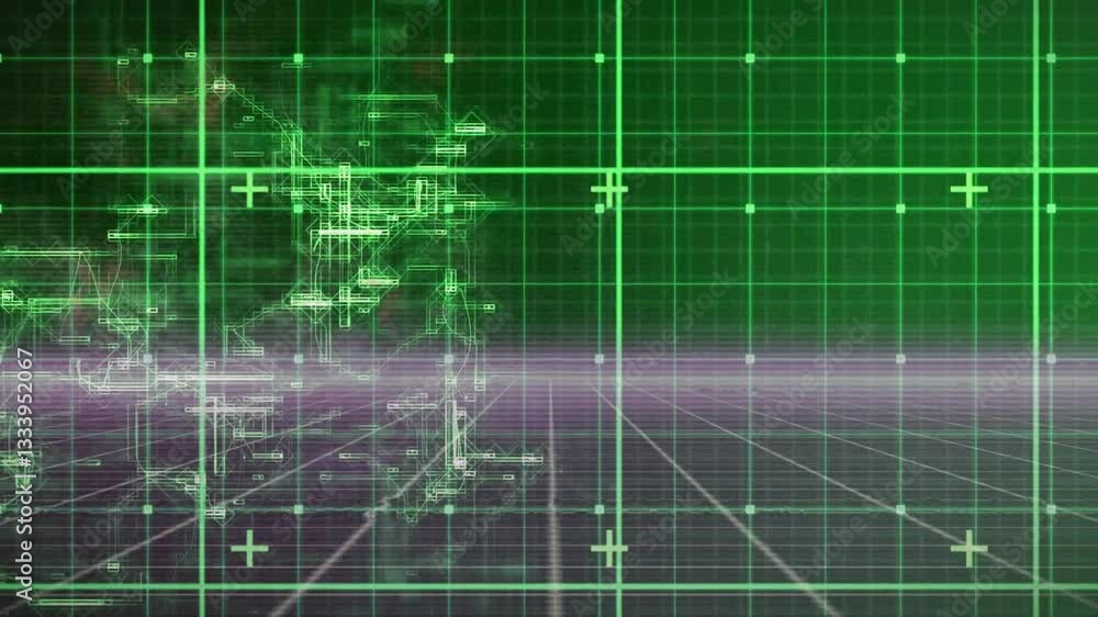 Poster animation of abstract 3d structure with glowing lines in digital grid