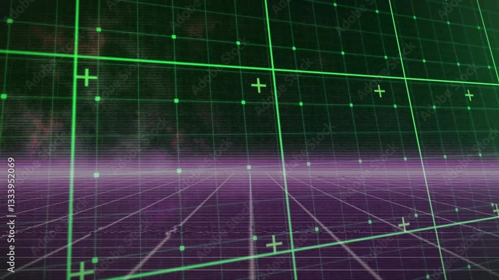 Poster animation of green grid lines and plus signs creating digital landscape