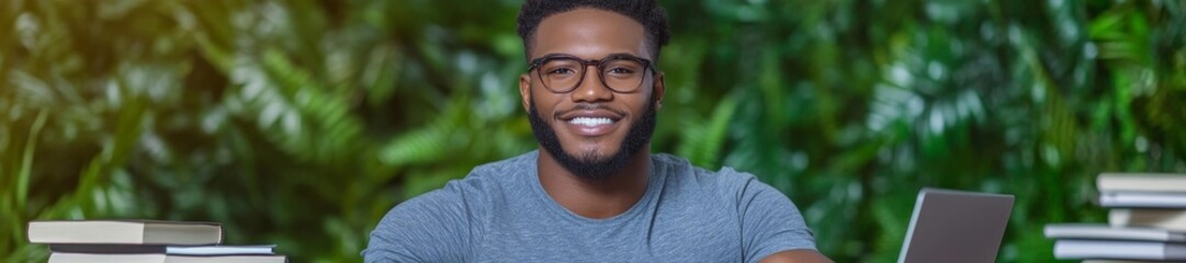 Obraz premium Smiling Young Adult Man with Glasses Sitting at a Desk Surrounded by Books and Plants. Generative AI