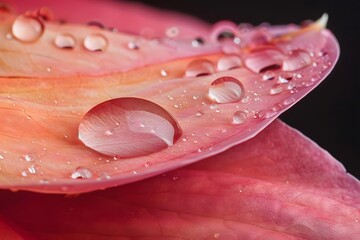 Macro Photography Reveals Delicate Water Droplets on Vibrant Pink Flower Petals. Showcasing Nature's Beauty. Exquisite Detail. Close-Up View of a Stunning Floral Specimen. Nature's artistry captured.
