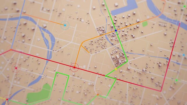 3D rendering of the aerial view of a city map with intersections, navigation lines, and running digit numbers, like a digital travel information hub for transport and technology concept