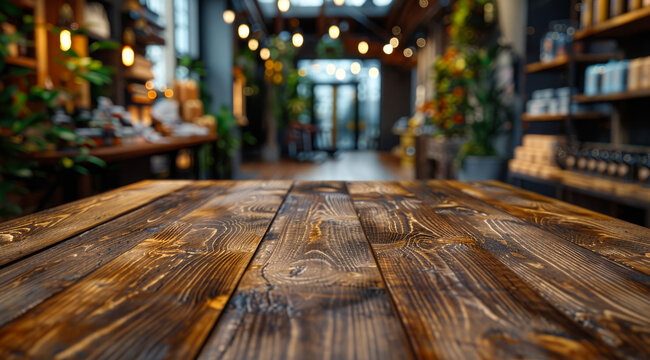 Wooden table in a cozy cafe setting. Warm wood grains of a table invite guests into a quaint cafe filled with plants, light, and inviting decor.
