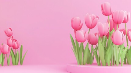 3d spring floral scene with podium display on pink pastel background